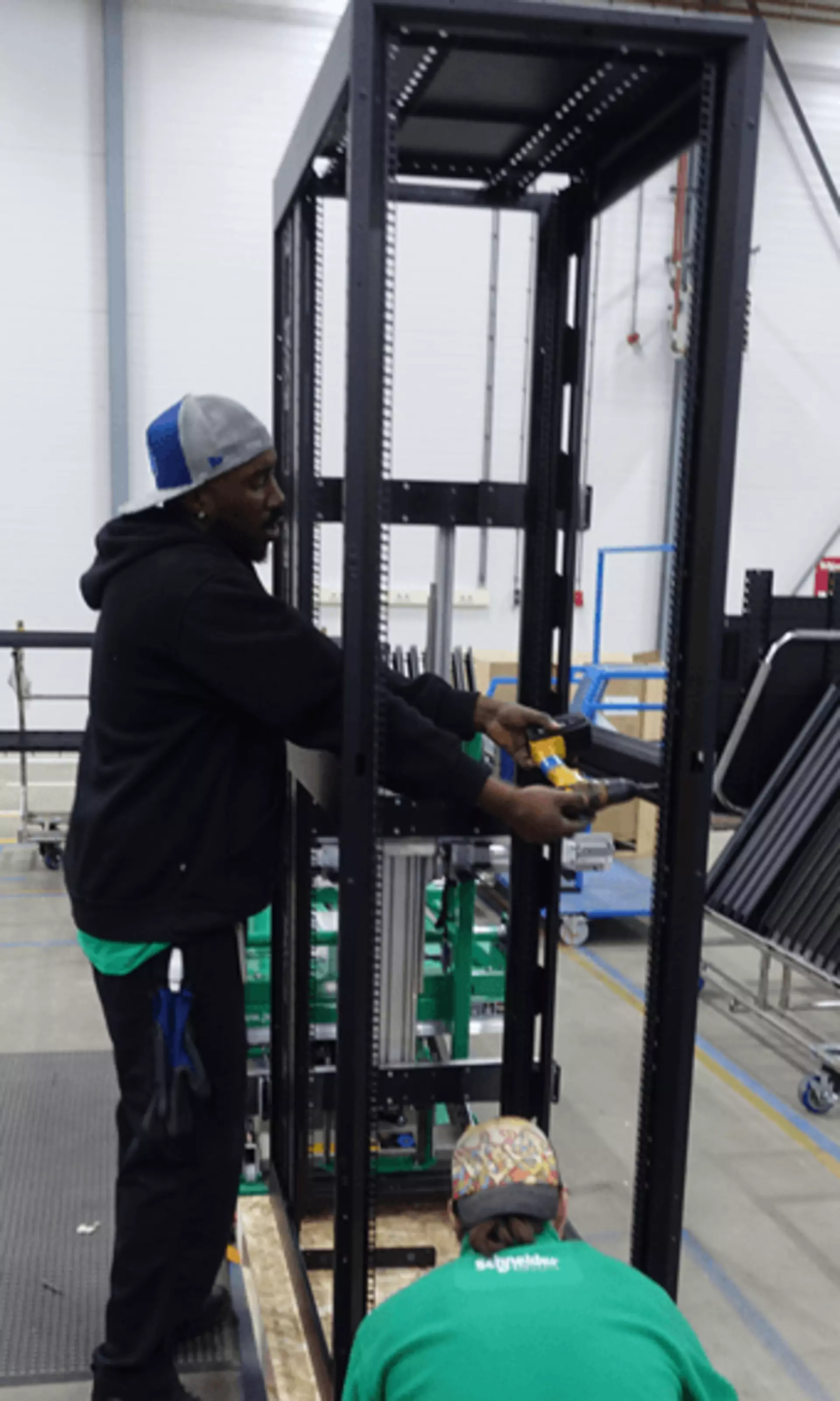 The server rack held in upright position