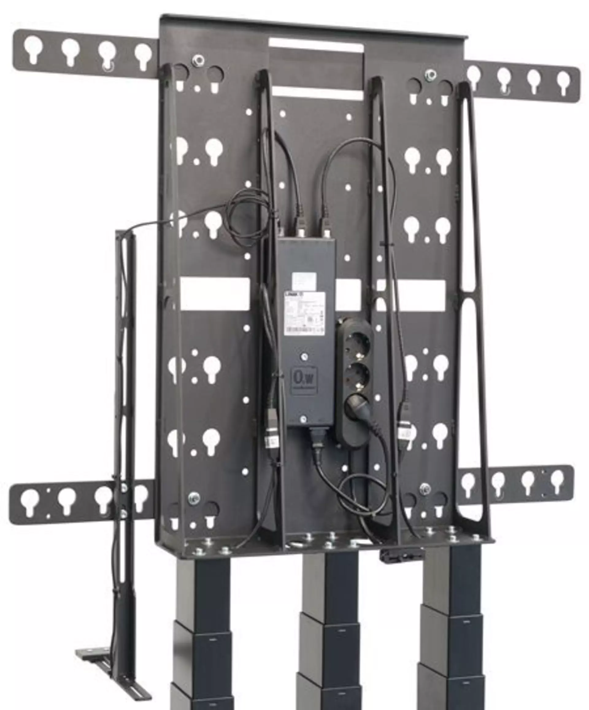 Three-column LINAK lifting system for heavy displays and monitor stands.