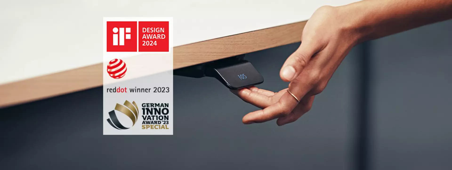 LINAK DPI Desk Panel with design awards: Red dot logo, iF Design Award and German Innovation Award