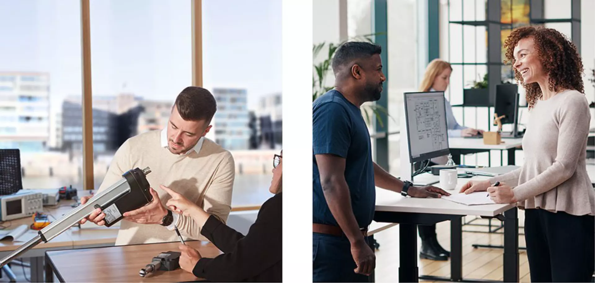 Engineers and sales persons in conversation about an high-speed actuator or column for a desk