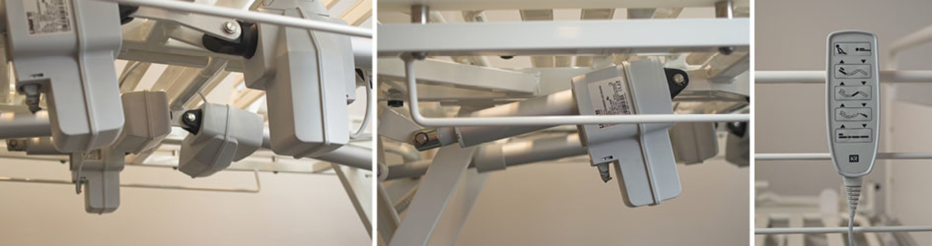 Detailed image of the position of a LINAK LA40 actuator under a hospital bed, front and side view. Close-up of an HB80 hand control.