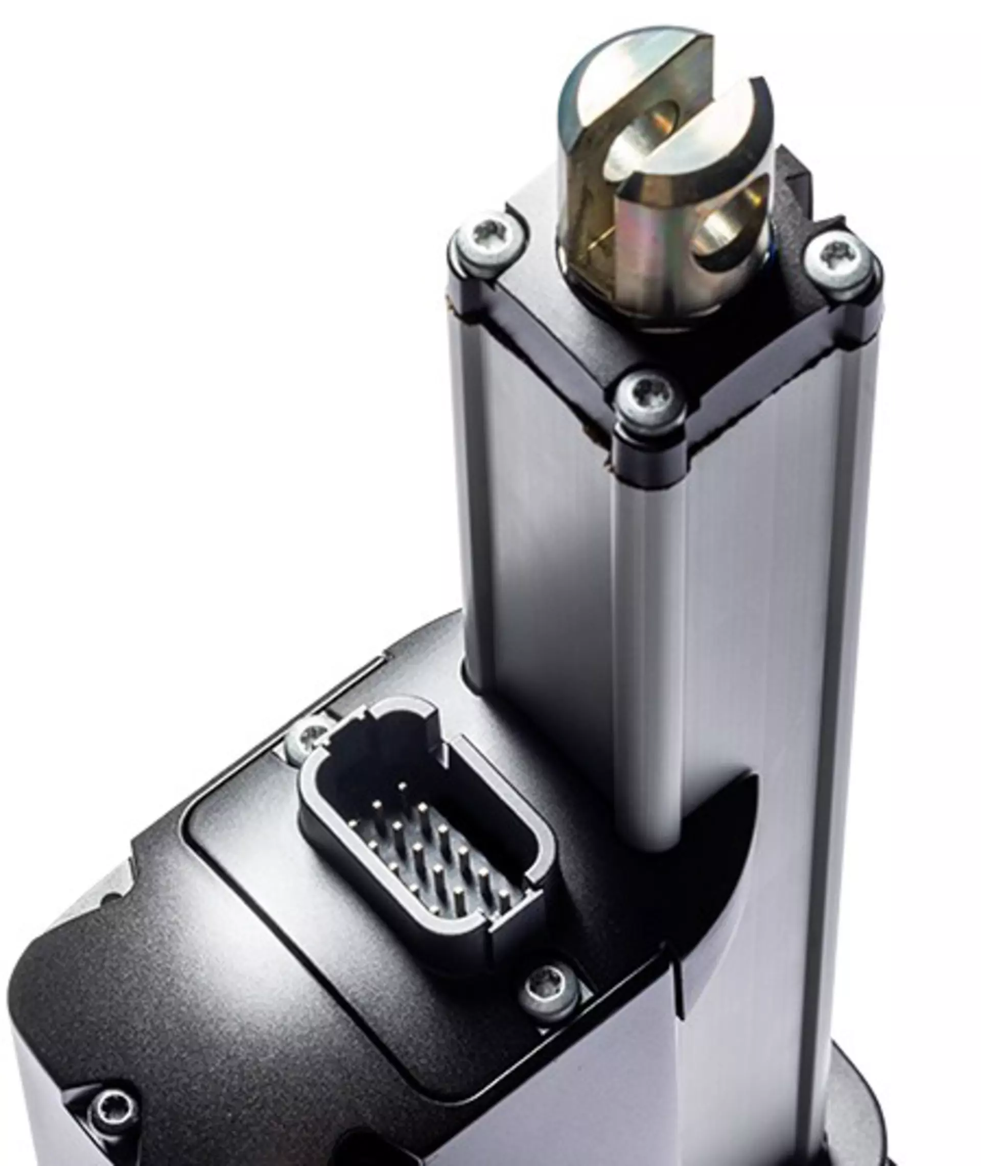 Close-up of the LA36 electric linear actuator to show the integrated 18-pin automotive connector