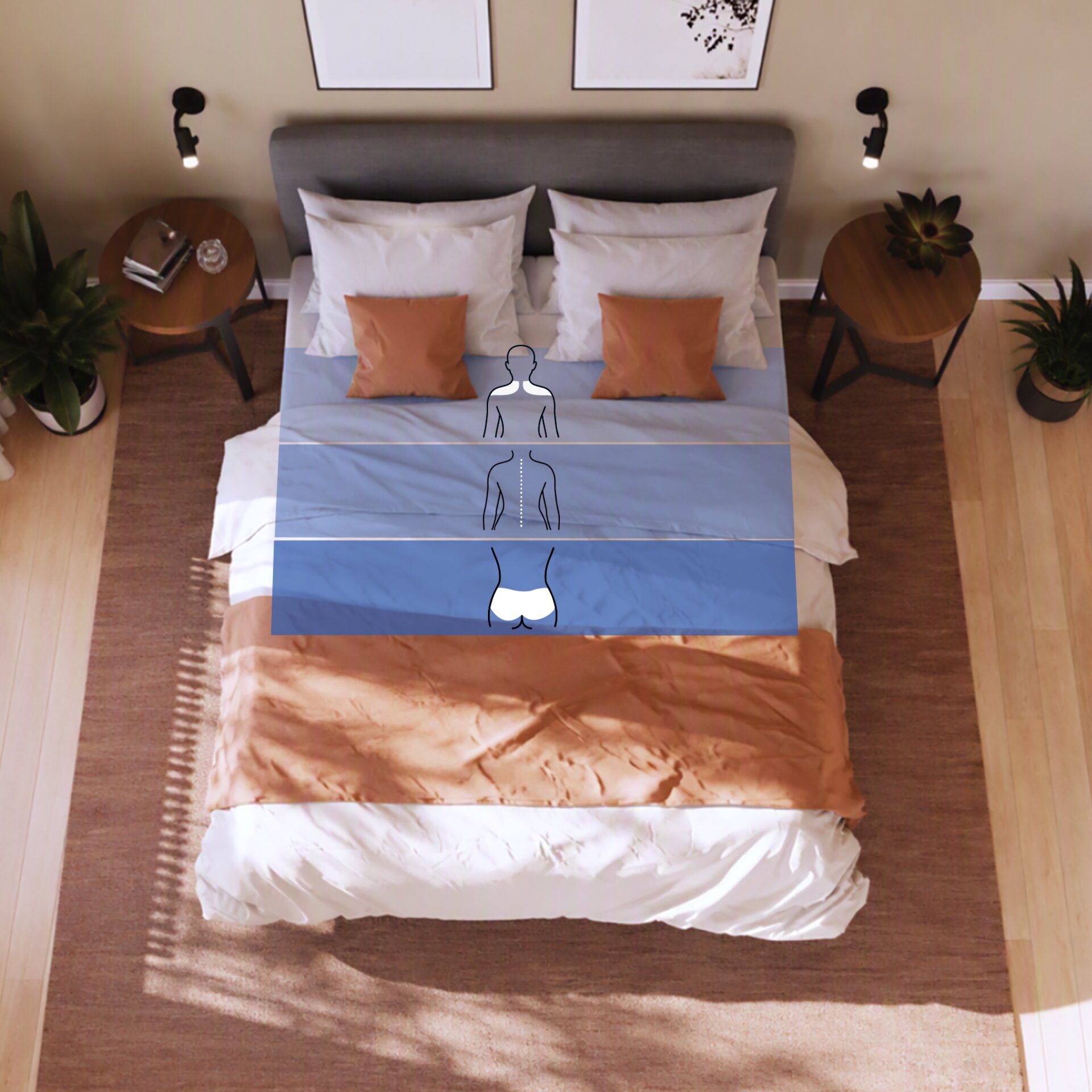 Illustration indicating zones in double bed with mattress zone adjustment 
