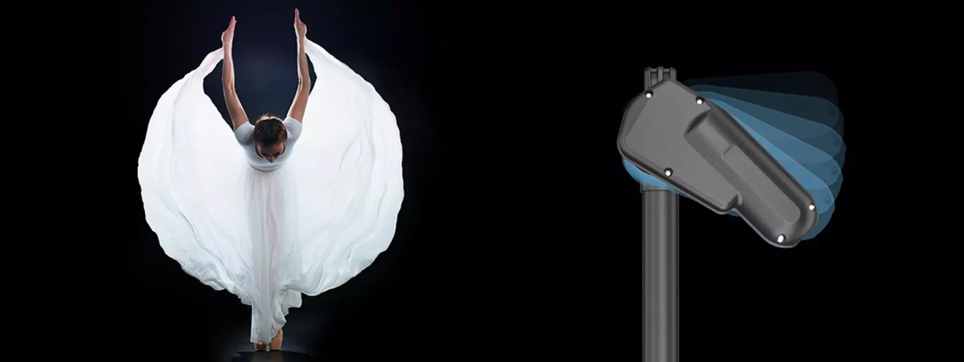 Ballerina in a flowy white dress, arms raised, leaning forward, LA42 actuator, black background
