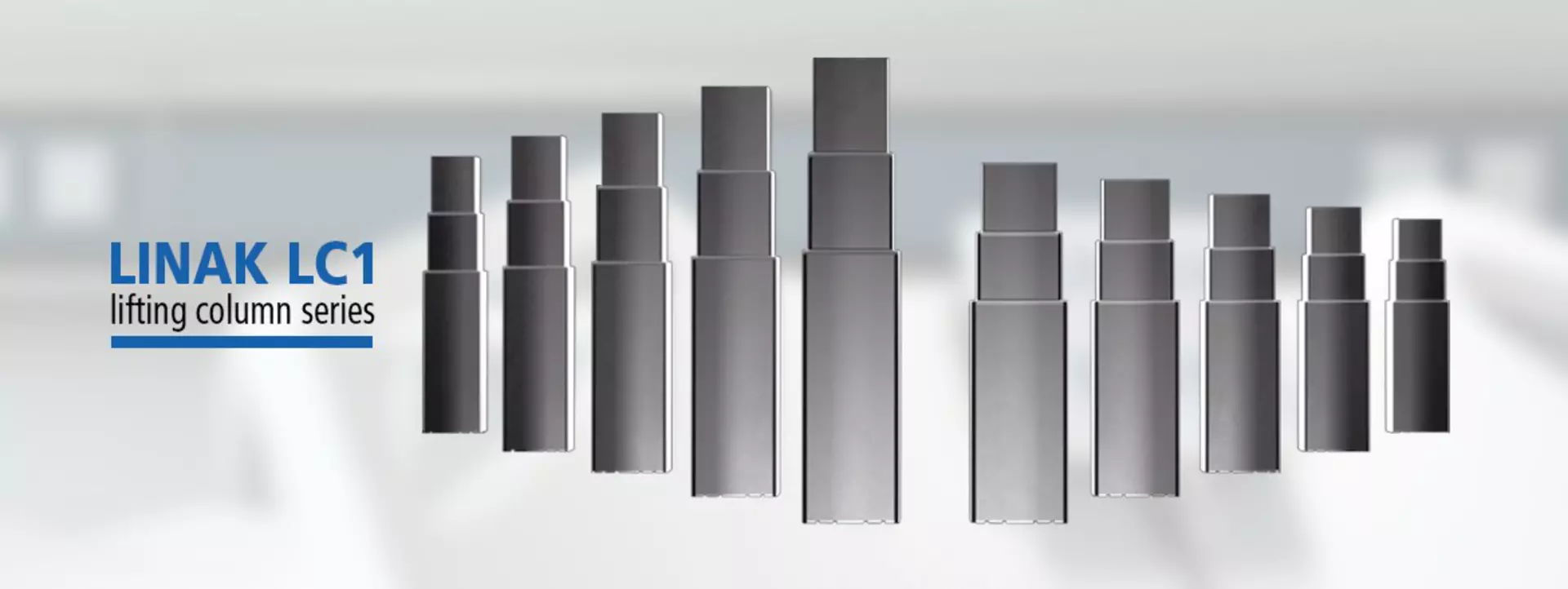 Lifting columns from LINAK displaying a series of LC1 columns for various applications