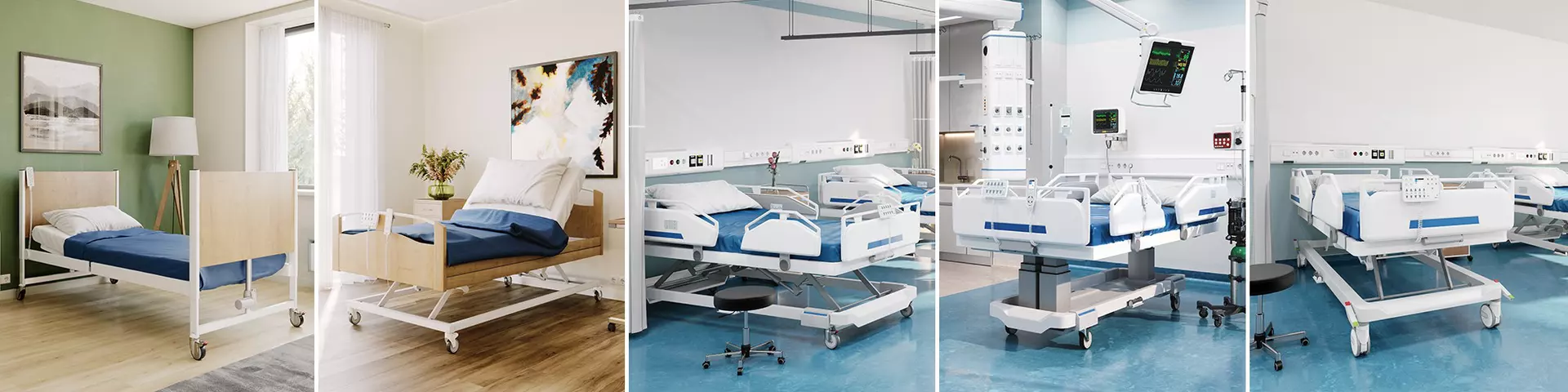 Types of beds: homecare, nursing home, hospital, ICU - with LINAK products, in depicted environments