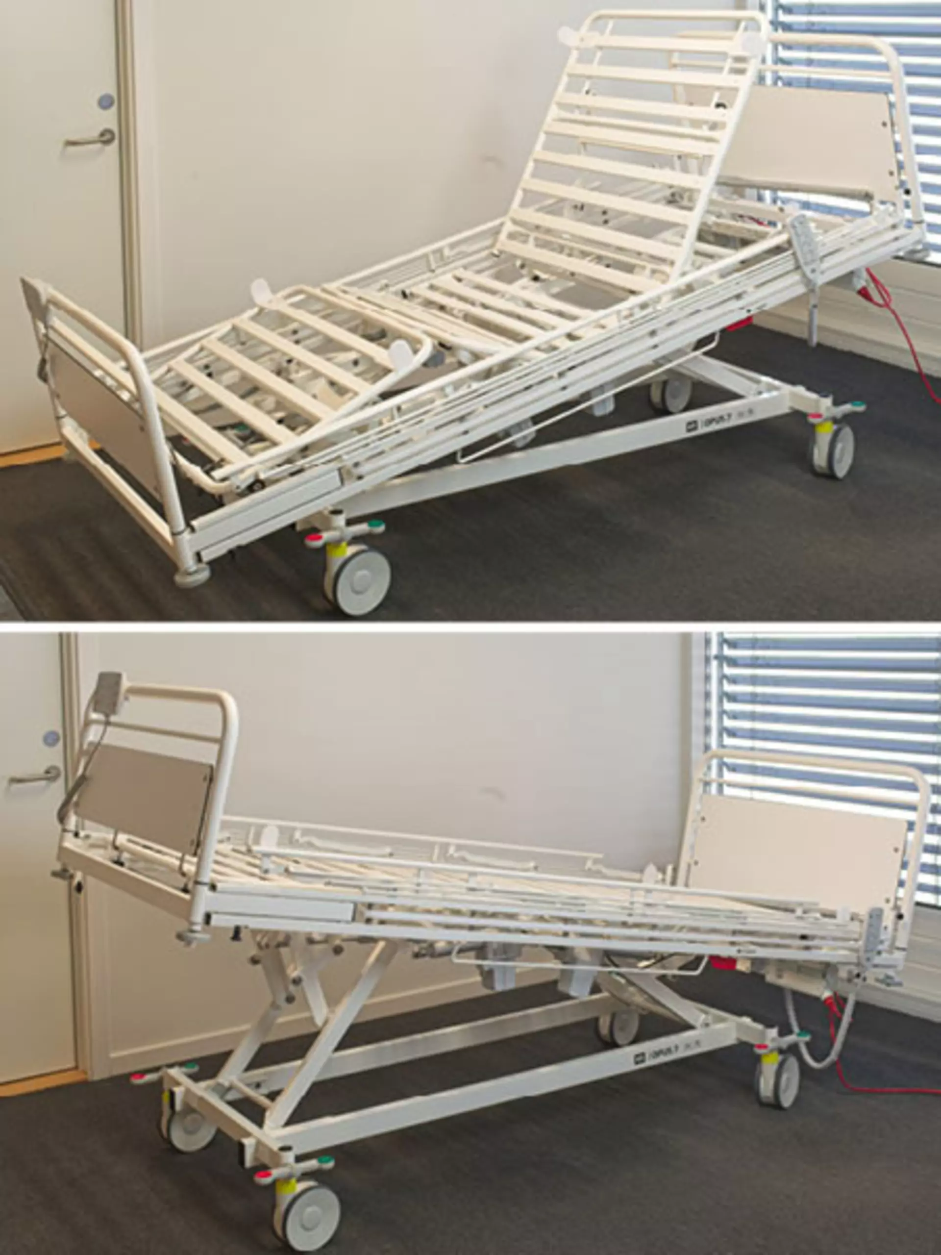 Detailed images of the OPUS 7 hospital bed equipped with LINAK actuators in washing and drying positions.