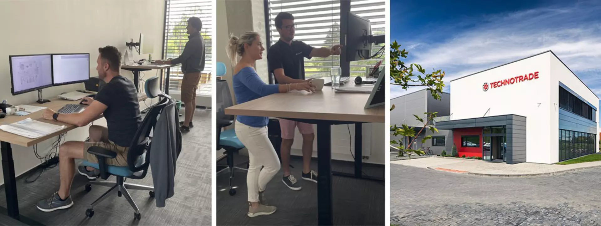 Office workers at ergonomic and adjustable sit-stand desks powered by LINAK at Technotrade office.