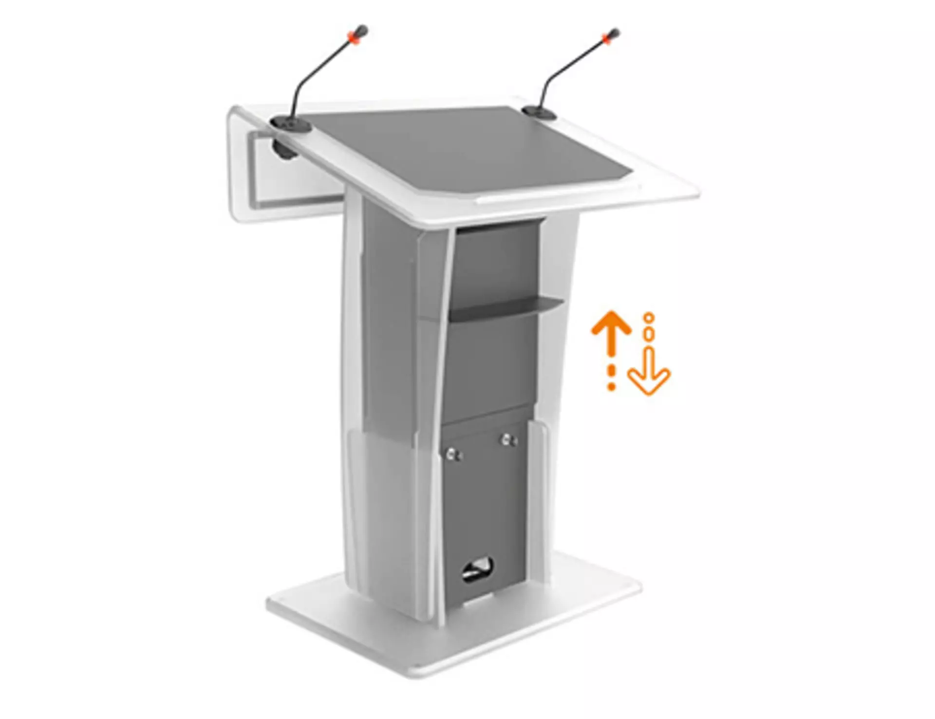 Grey, Height adjustable lectern with microphones and orange up and down arrows. Made by AXEOS – powered by LINAK