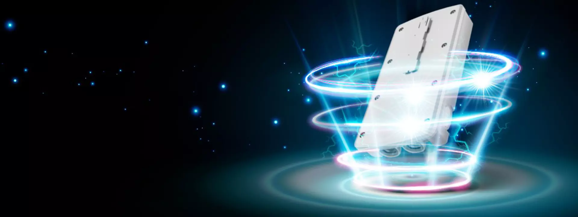 LINAK BA22 Li-Ion battery surrounded by glowing halos on a blue-black background.