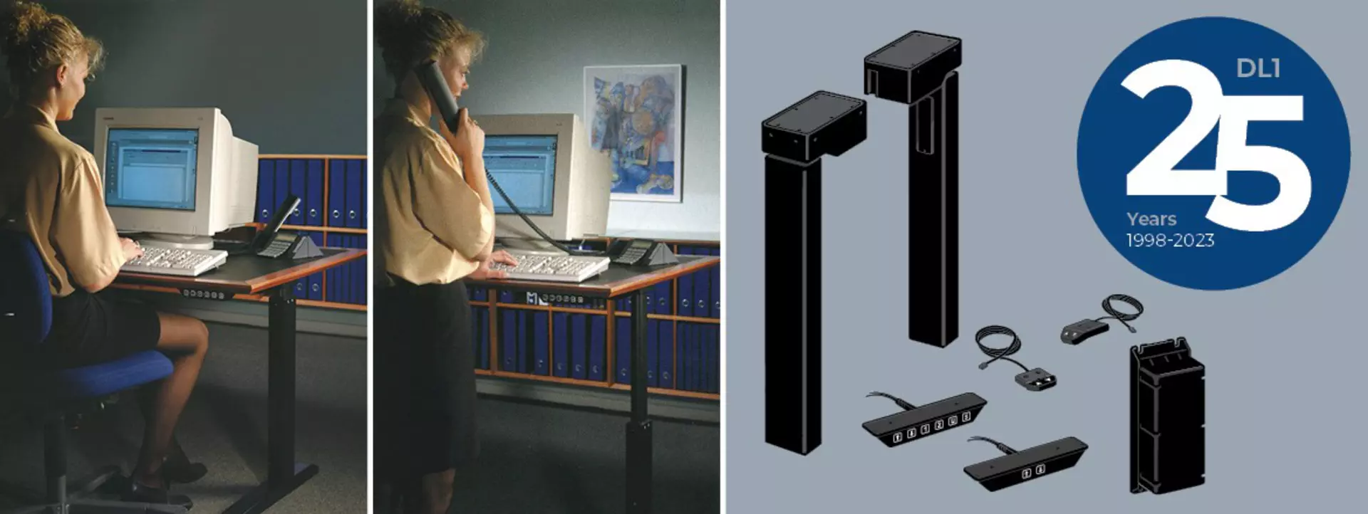 Office worker sitting and standing at an office desk. DL1: the revolutionary “electric leg” for desks invented by LINAK.