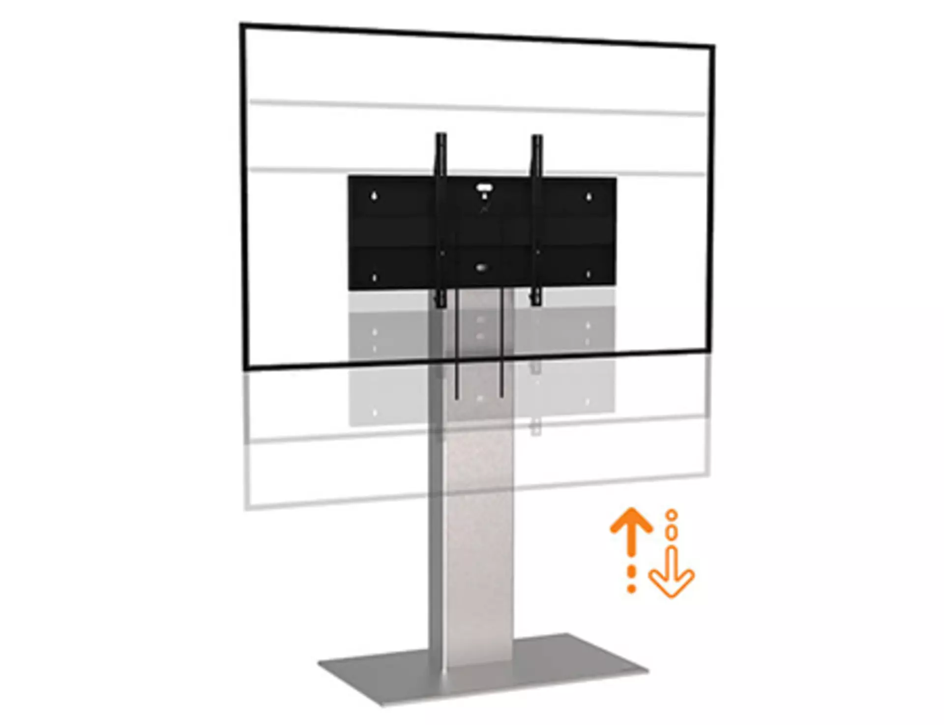 Grey height adjustable TV and monitor stand with black screen holder and orange up and down arrows. Made by AXEOS – powered by LINAK