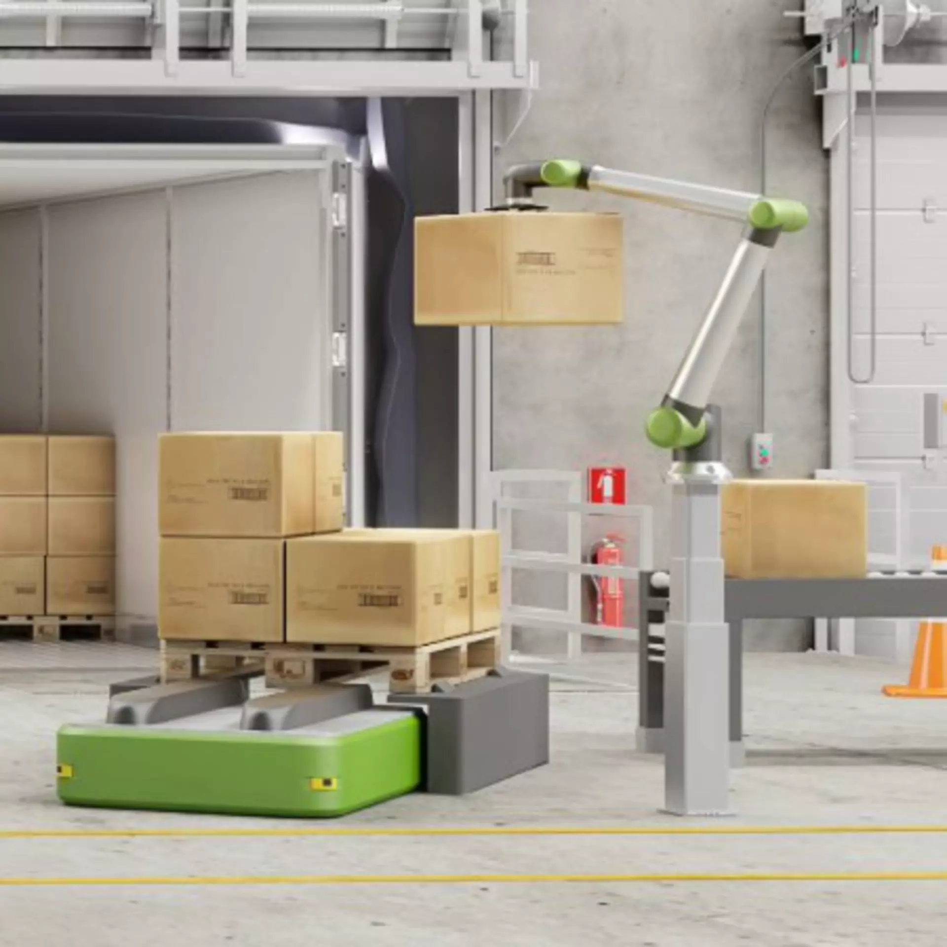 Cobot palletiser stacking boxes on a pallet moved by an AMR