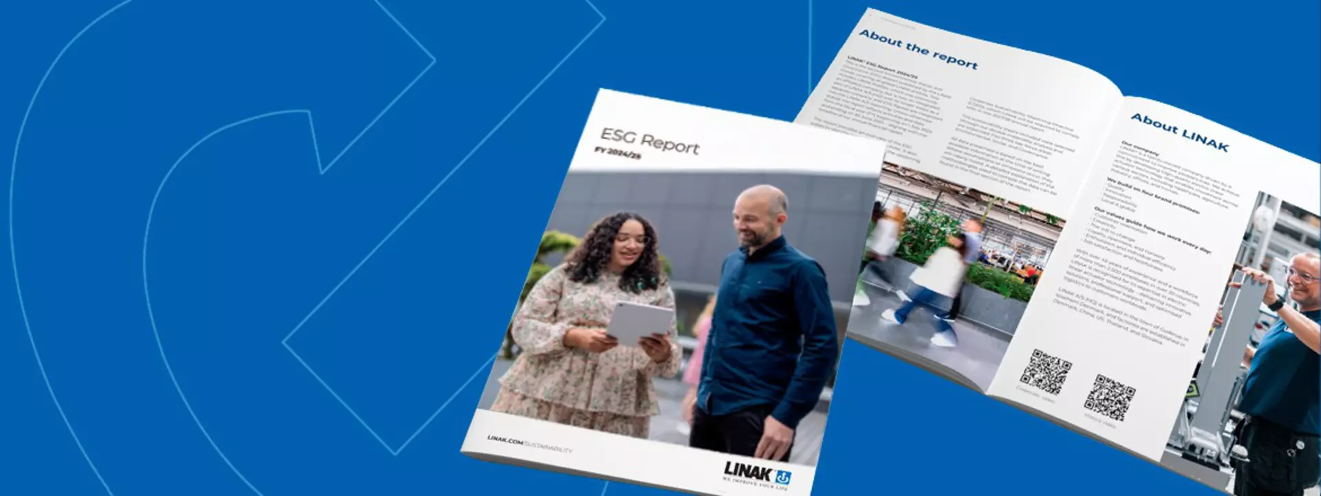 LINAK ESG report layout featuring cover and interior pages on a blue background.