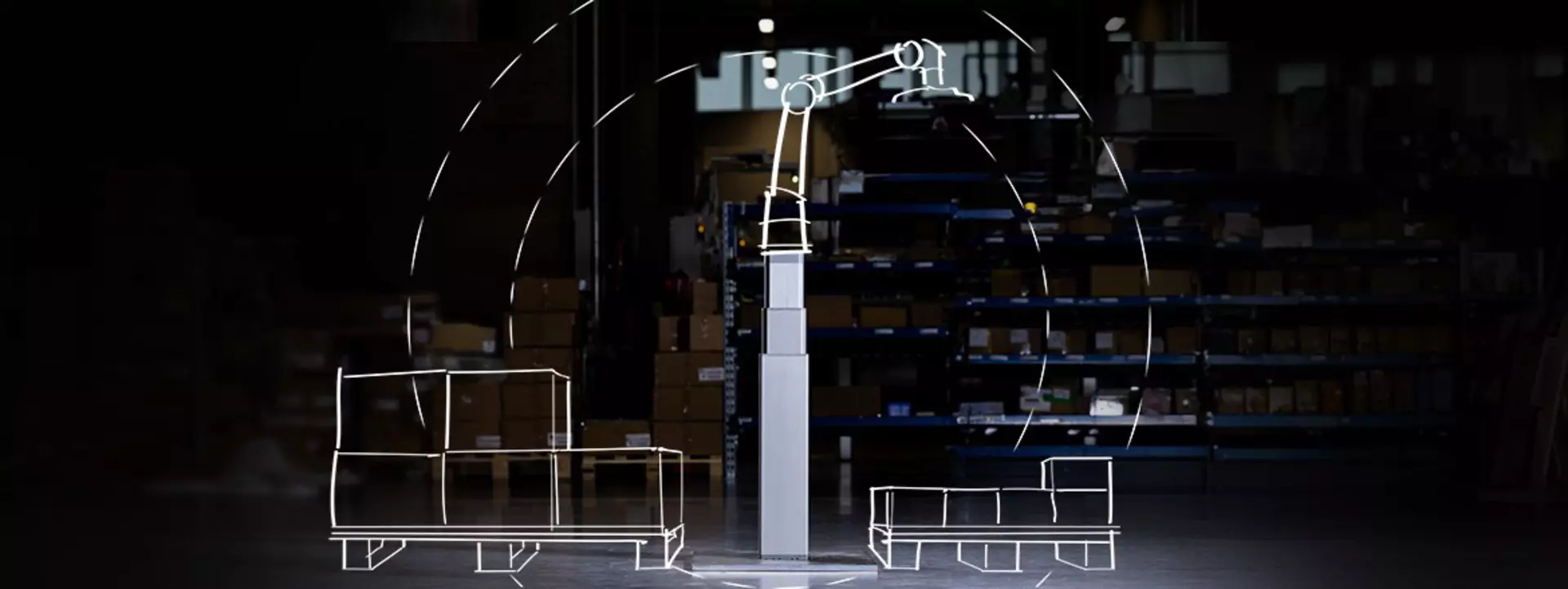 ELEVATE™ electric lifting column with a drawing of a cobot and a pallet with boxes on each side