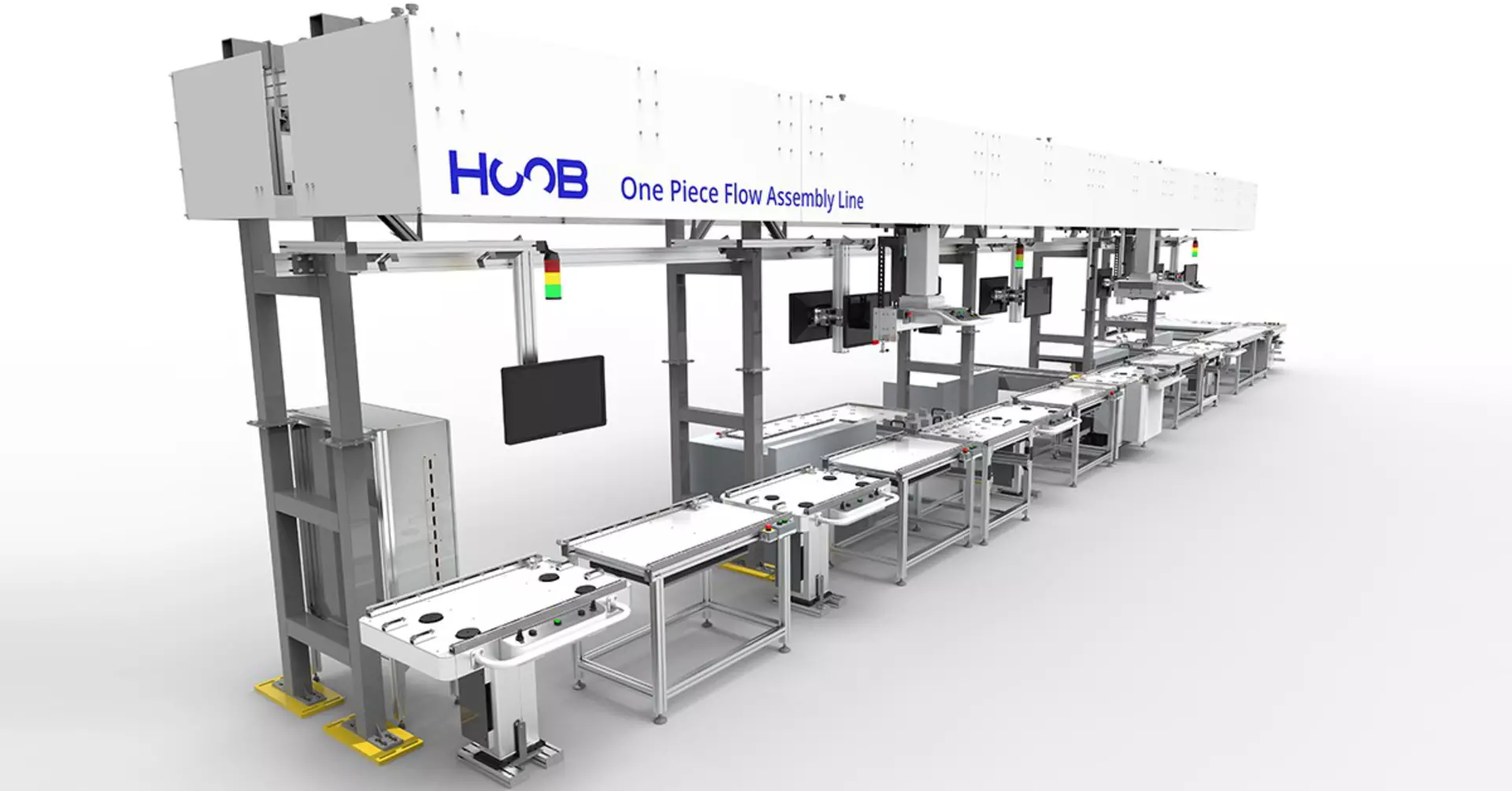 HOOB one-piece flow assembly line featuring LINAK® LC3 electric lifting columns and LA37 actuator