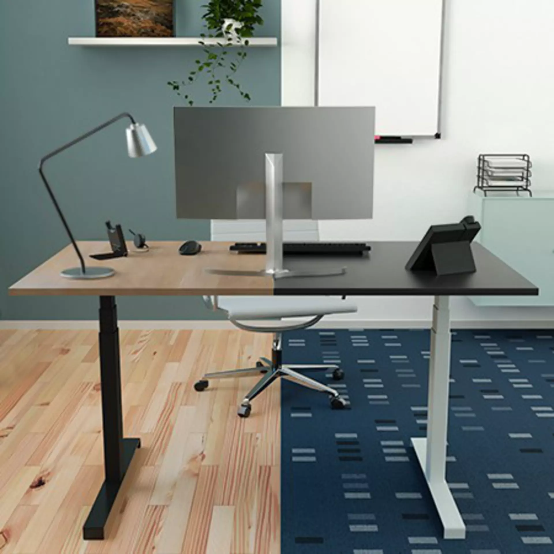 Split image of an adjustable office desk in a home office and small office environment.
