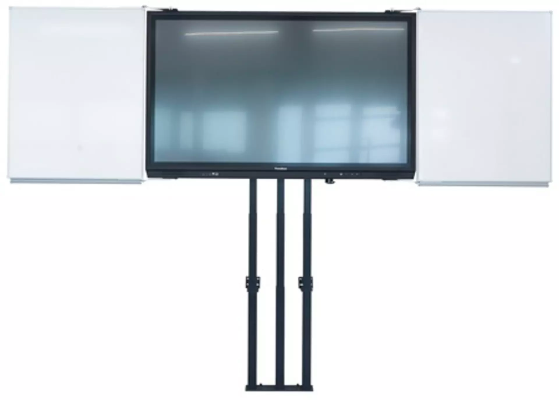 Electrically adjustable monitor stand combined with whiteboards. Made by Remonta - lifting powered by LINAK.