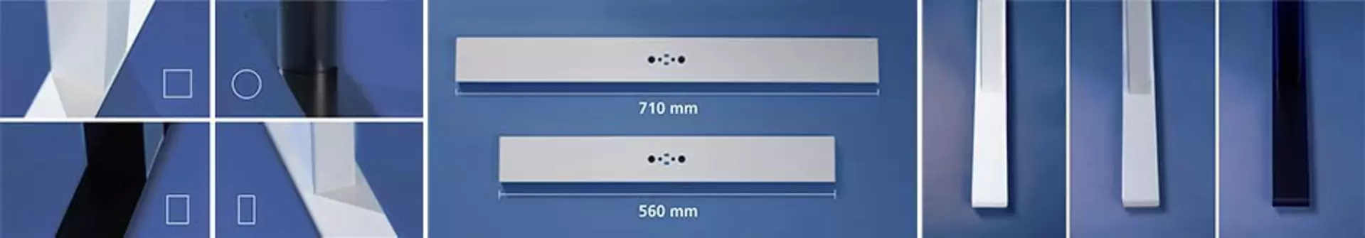 Click-On feet in 560 mm and 710 mm lengths, shown in white, grey and black being attached to a desk leg. Fits rectangular, square and round desk leg profiles.