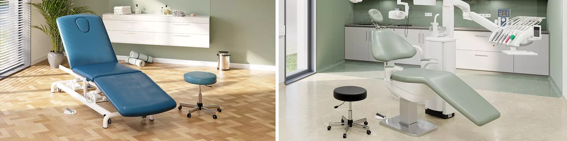 Treatment couch and dental chair- equipped with LINAK products, in depicted environment