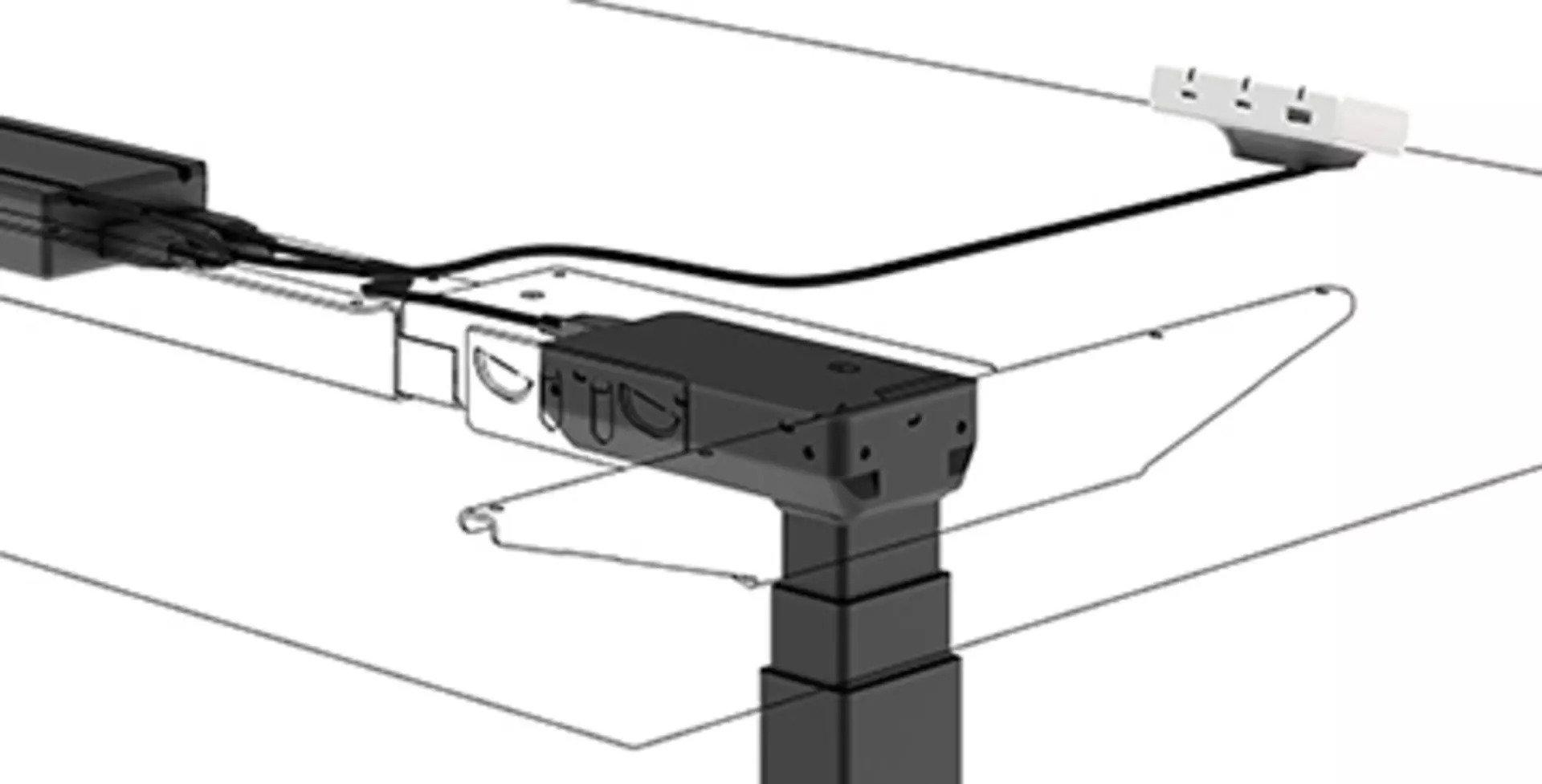 Illustration of LINAK Desk2Device on adjustable office table drawing power from the LINAK CBD6S control box.