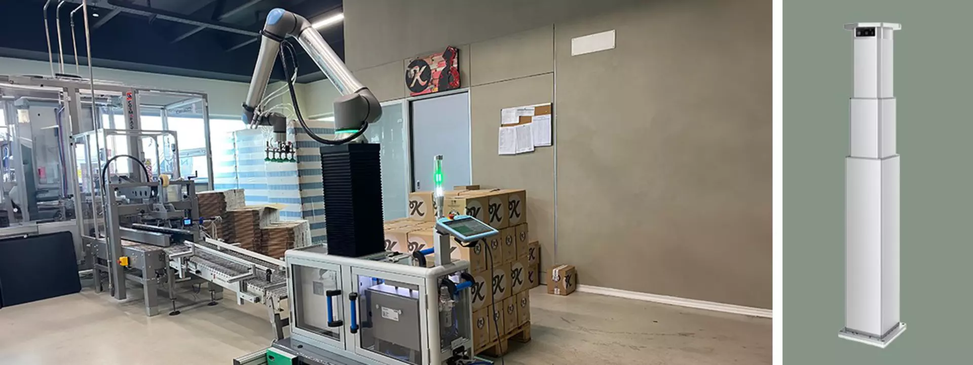 The Alca Palletiser at work next to ELEVATE lifting column that extends the cobot reach.