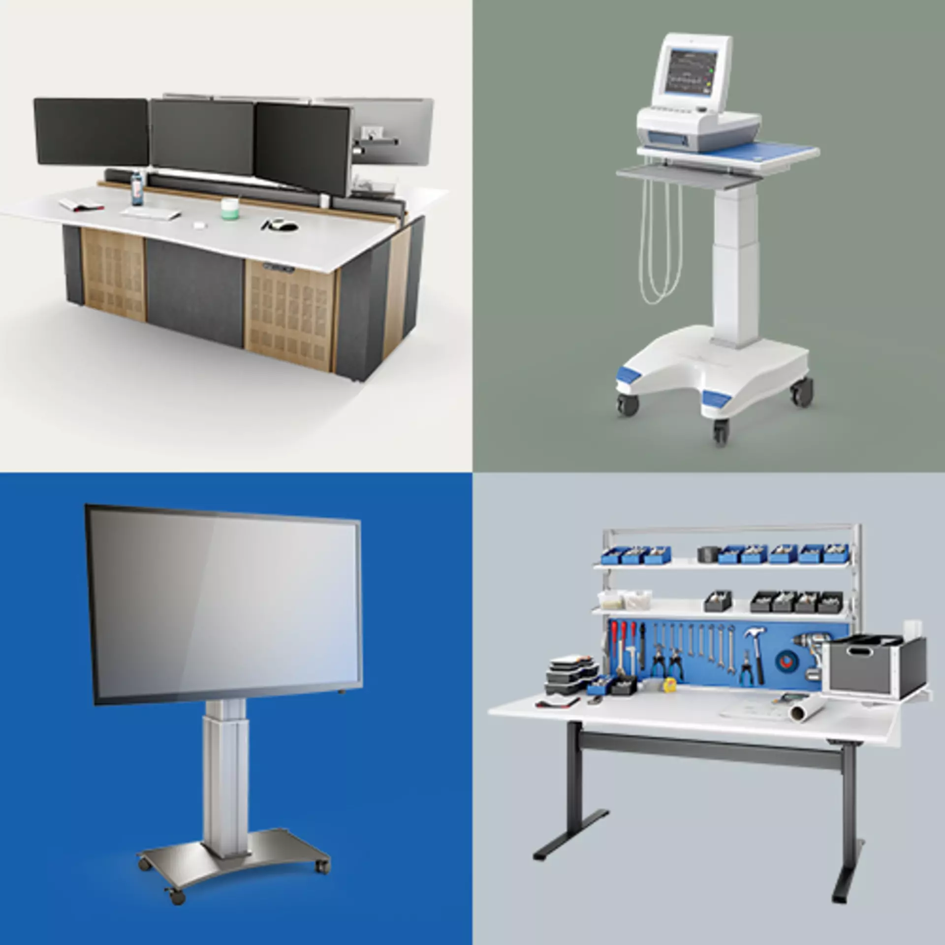 Different height-adjustable applications powered by LINAK and adjusted via a DPF desk panel