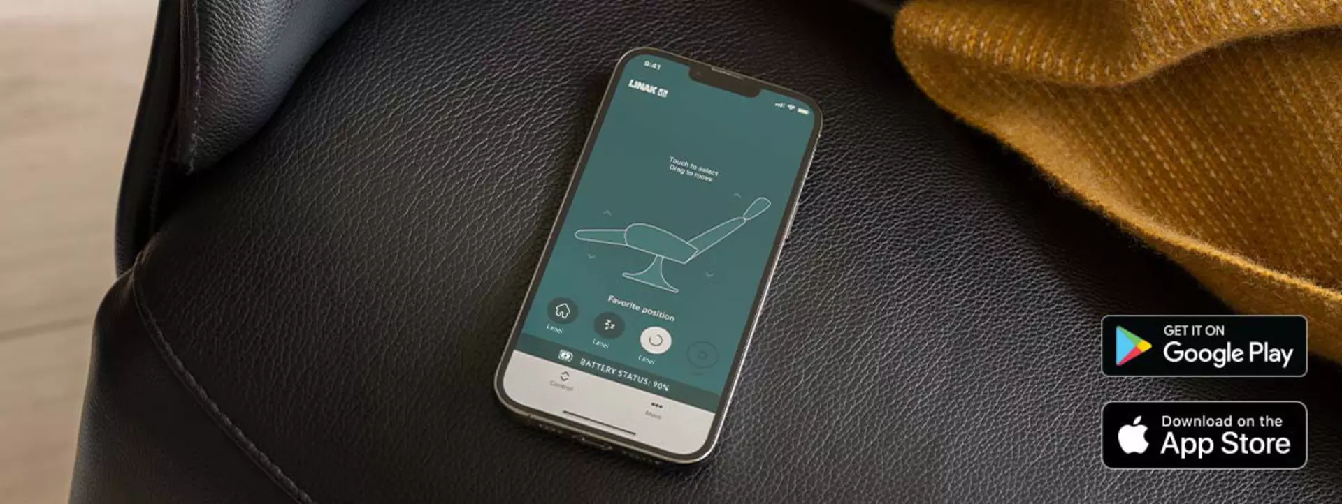 The LINAK My Recliner App open on a phone while on a chair