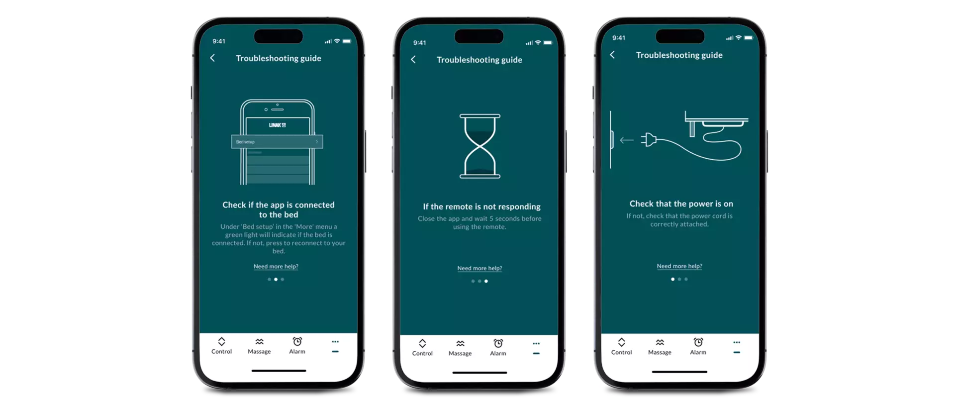 Screens from troubleshooting guide for the LINAK Bed Control™ app for adjustable residential beds