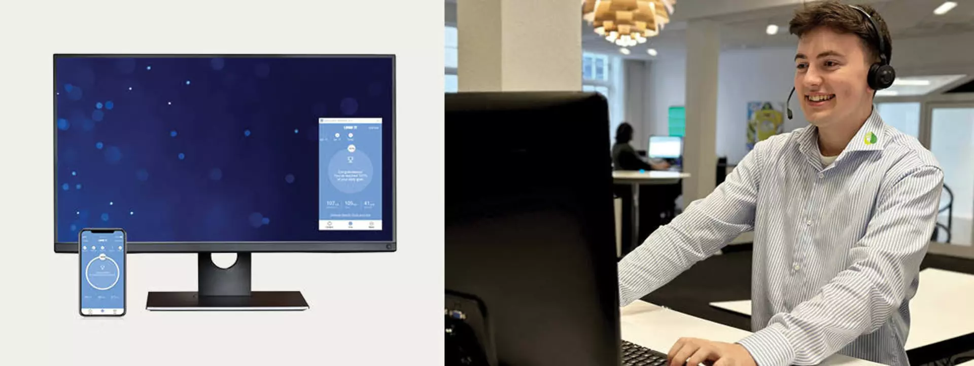 Desk Control™ app on mobile and computer, and smiling ipnordic employee standing up at his sit-stand desk