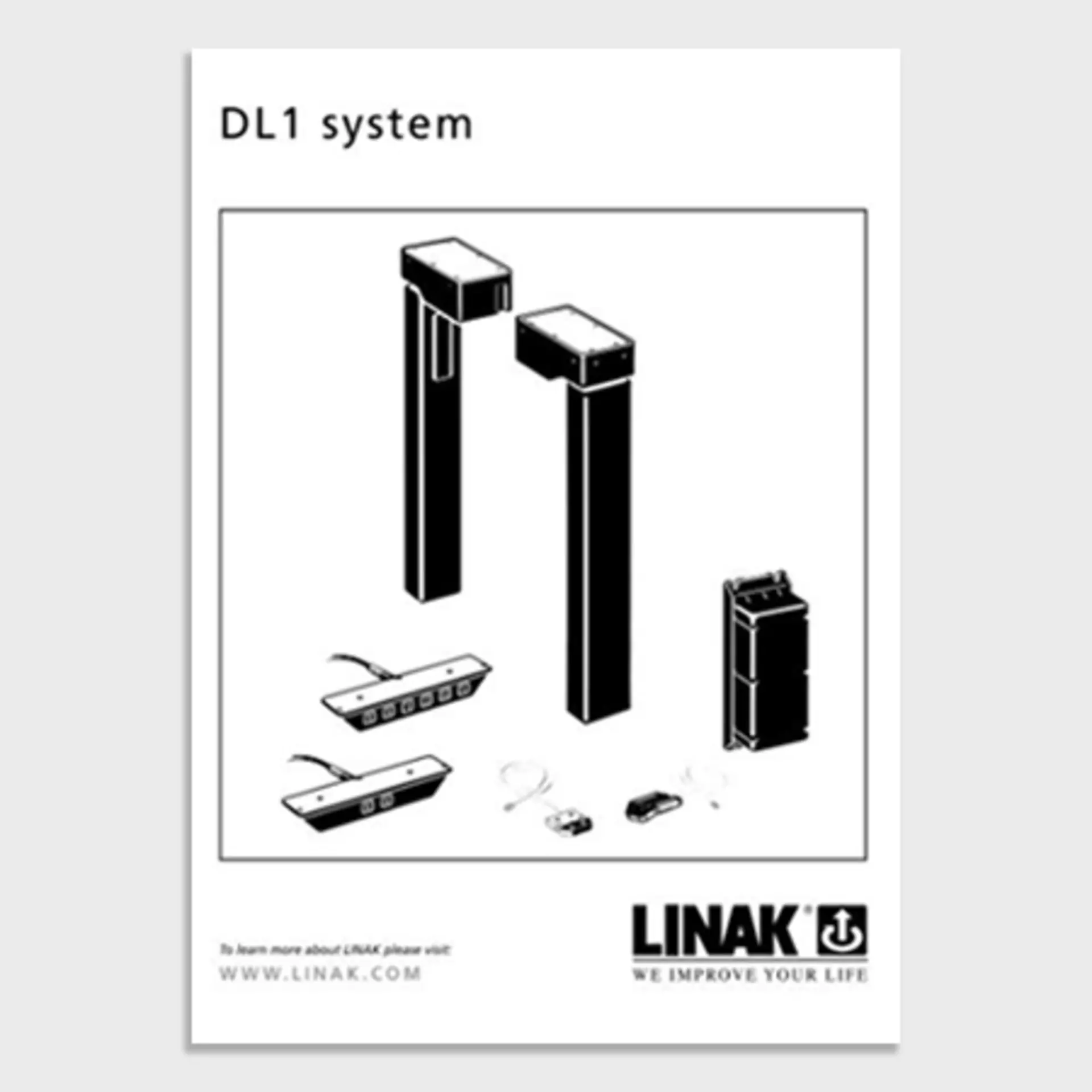 The revolutionary DL1 system from 1998: Our first complete electric height-adjustable system for desks: desk panel, control box, and “electric legs”- by LINAK.