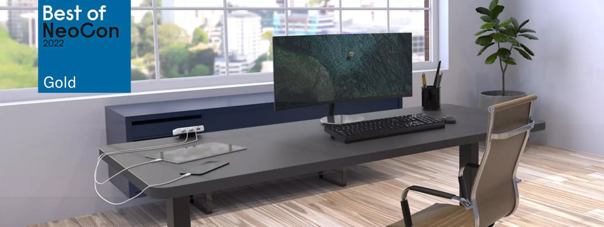 Height-adjustable table with a LINAK Desk 2 Device USB charger – Best of NeoCon 2022 Gold award logo.