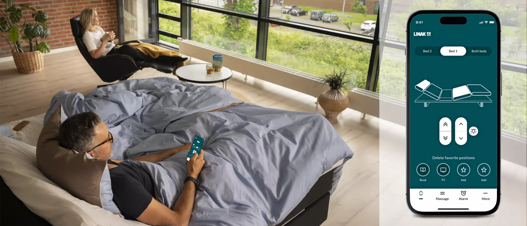 The updated screen of the LINAK Bed Control™ app digital control option for adjustable bed designs.