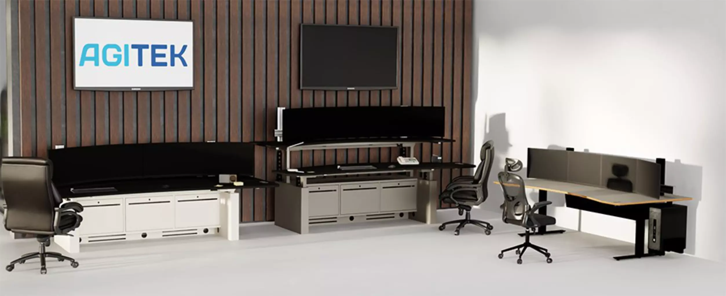 Two Agitek control room workstations in a control room with monitors