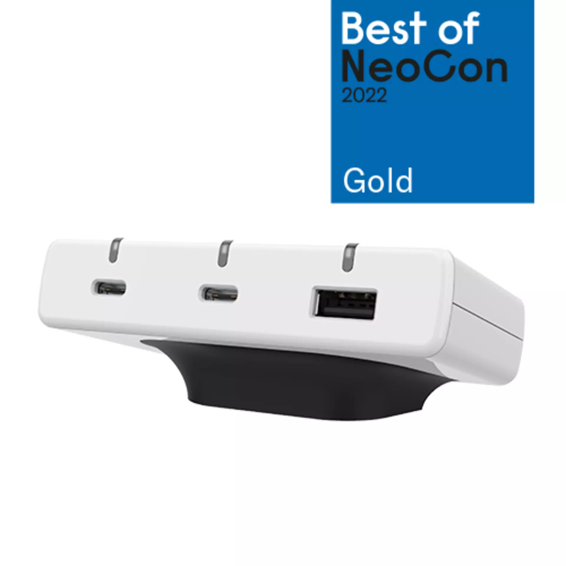 Desk2Device high-speed USB charger with angled mount. Best of NeoCon 2022 Gold award.