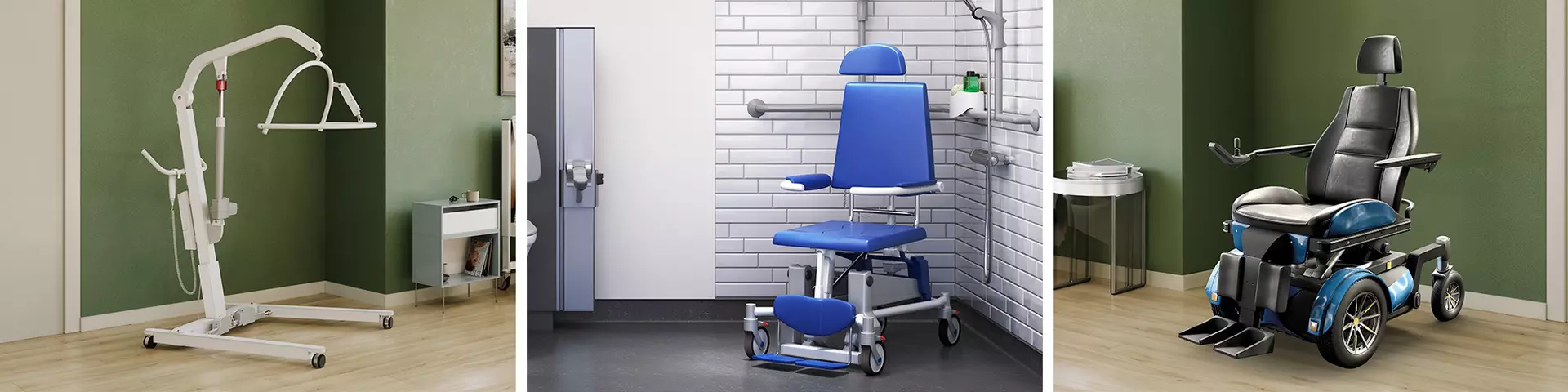 Image of patient lift and shower chair - with LINAK products, in depicted environments