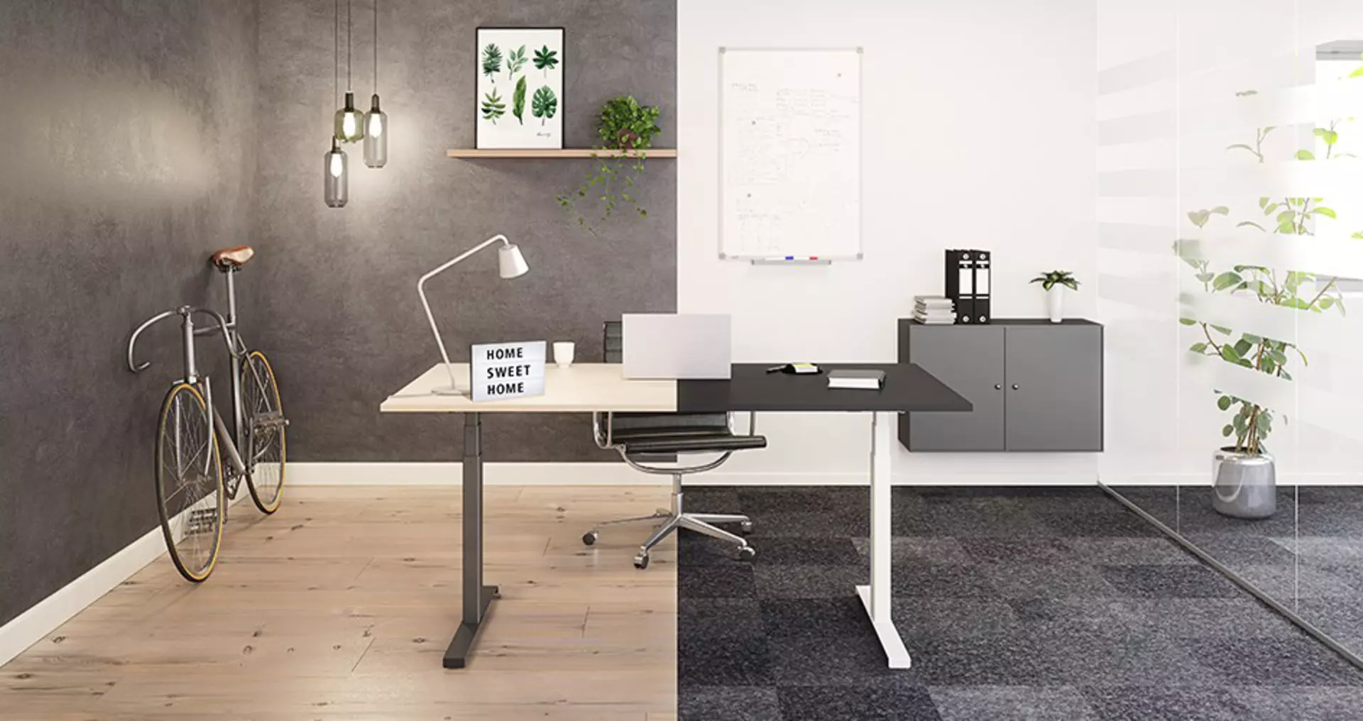 Photo collage of an adjustable office desk placed in both a home office and a corporate office.