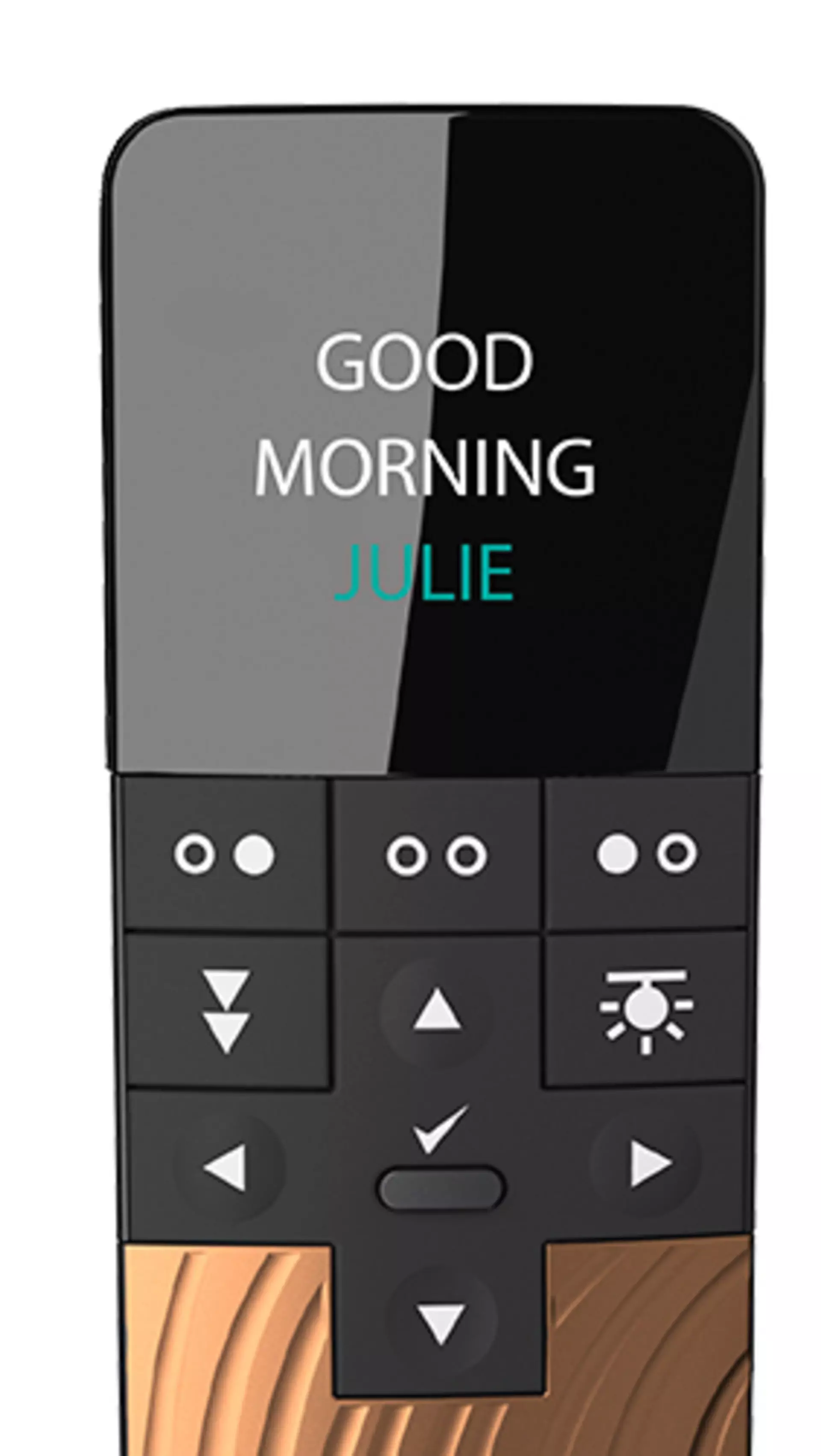 LINAK HC40 hand control showing a brand catchphrase or personalised greeting on the screen