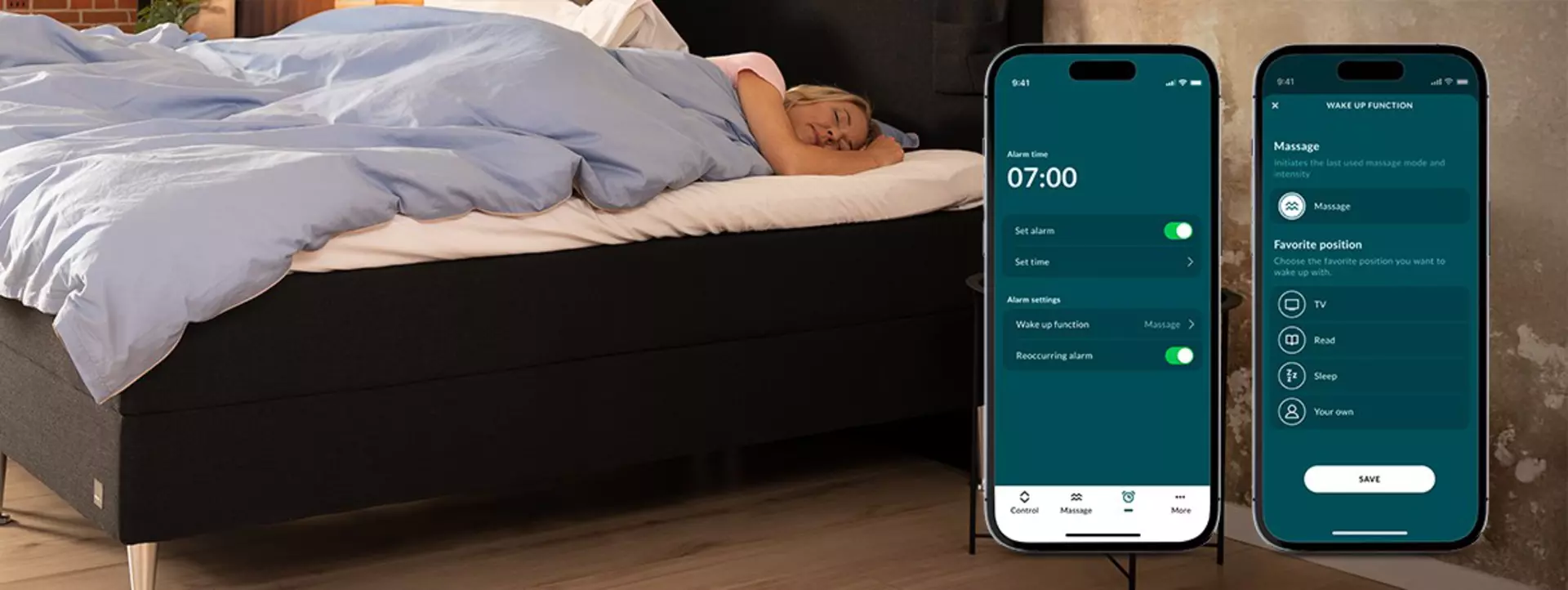 Alarm feature in the LINAK Bed Control™ app, woman sleeping in an adjustable bed.
