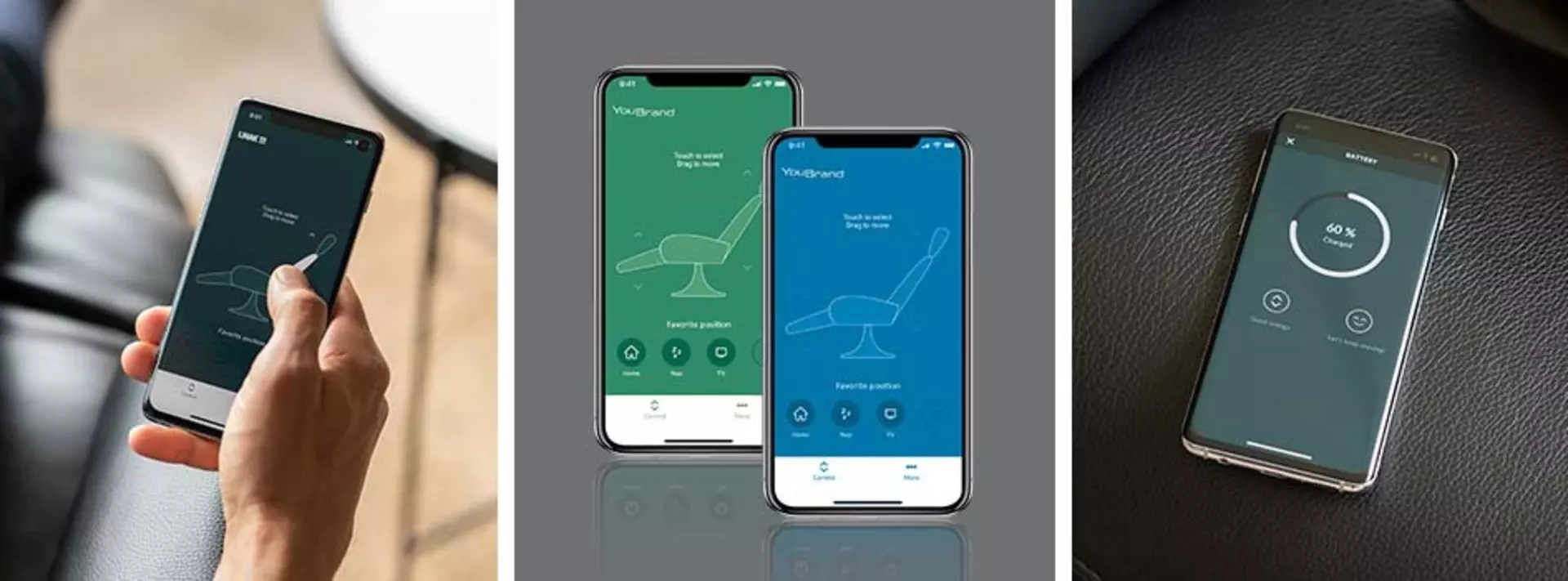 The standard LINAK My Recliner app and customised versions side-by-side.