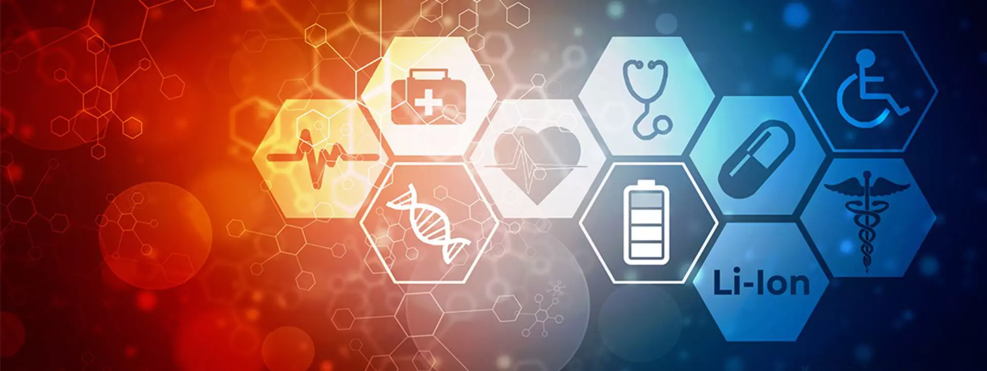 Coloured image of medical symbols and Li-Ion battery for healthcare solutions.