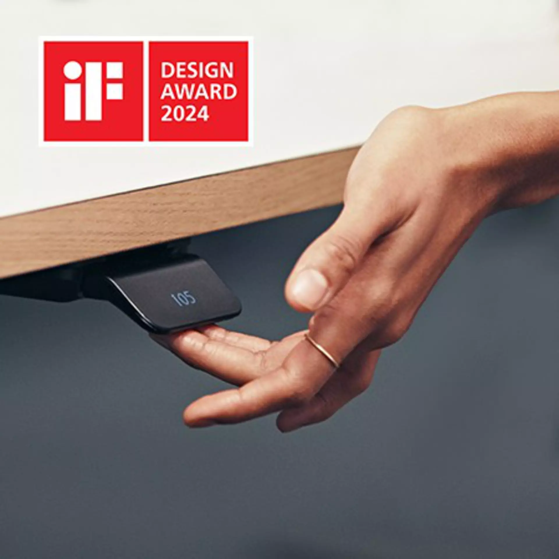 LINAK DPI Desk Panel on a tabletop and the iF Design Award 2024 badge