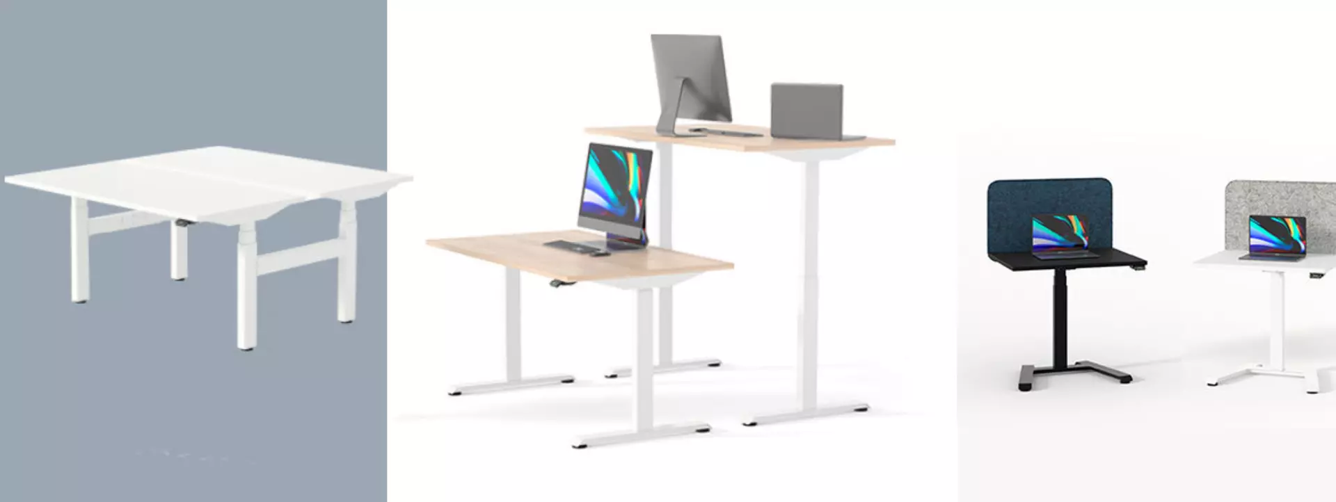 Image of various BULDESK standing desks - power by LINAK lifting columns