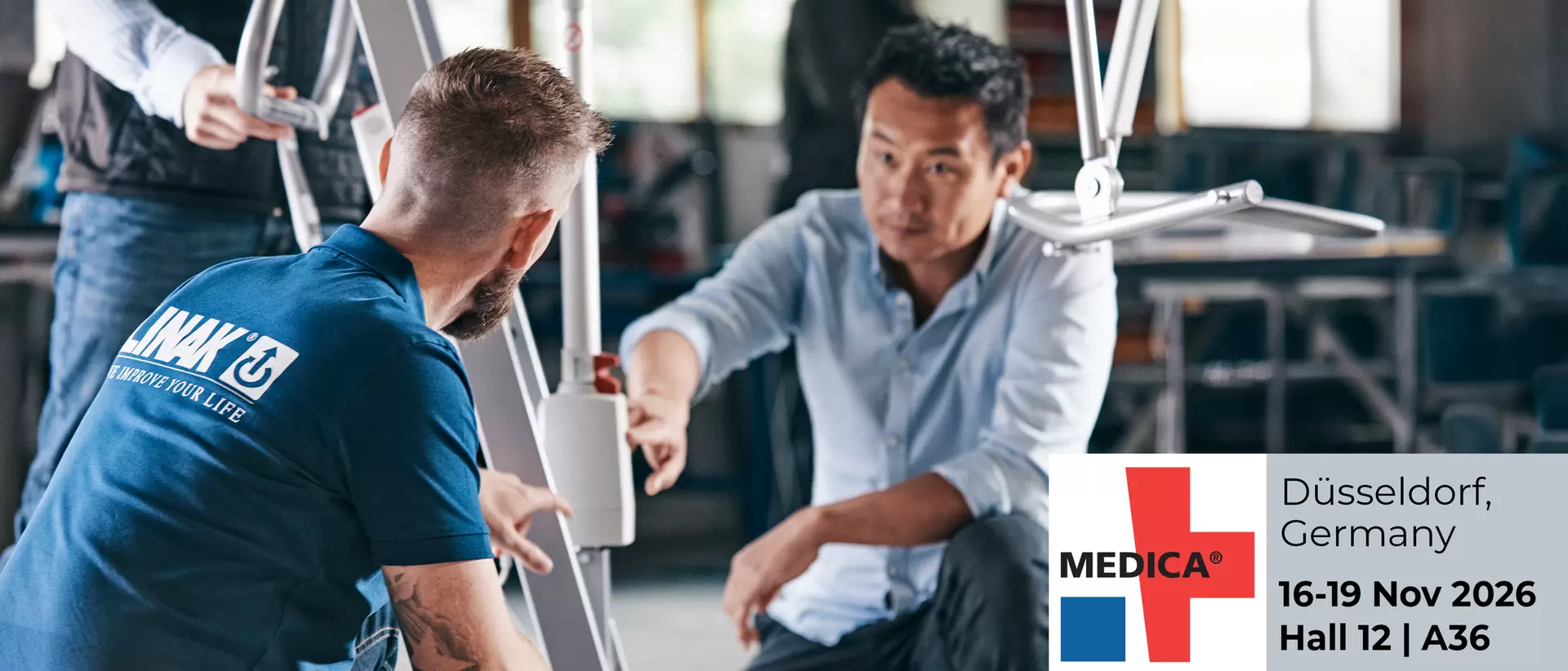 LINAK representatives discussing patient lift solutions ahead of MEDICA 2026
