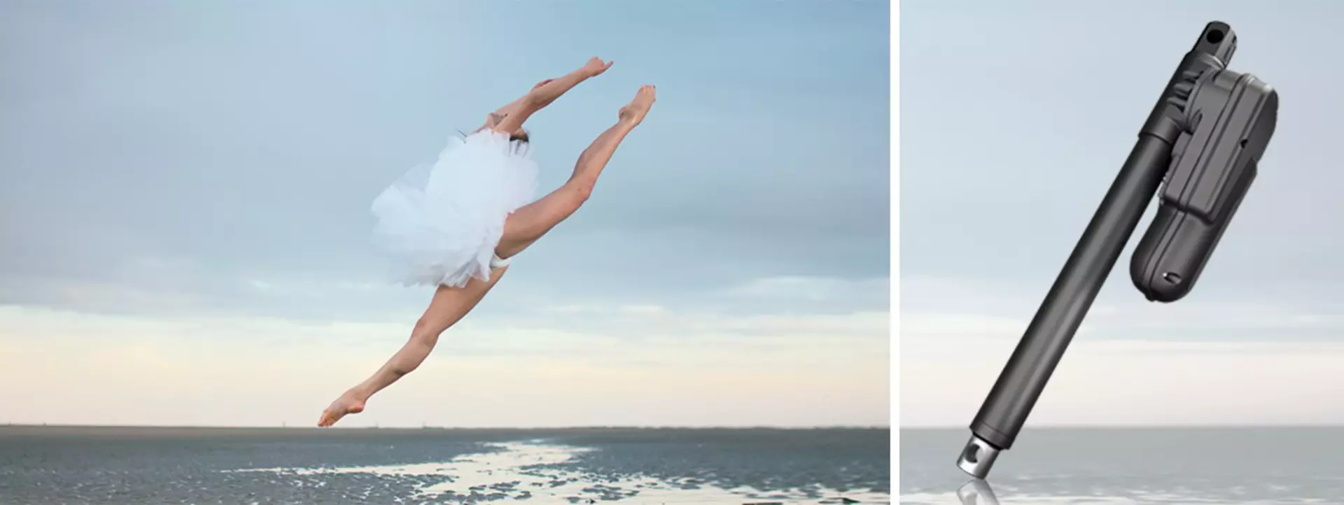 Ballerina jumping on a beach. Image of a LINAK LA42 actuator on white background.