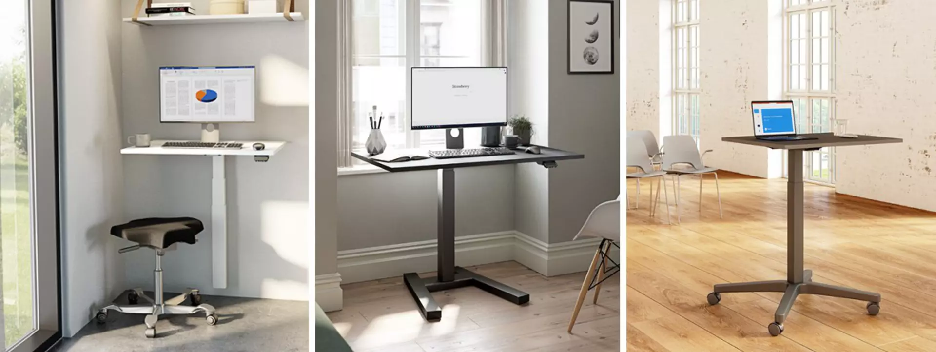 Small, adjustable office desks for small spaces. Improved ergonomics via one LINAK lifting column.