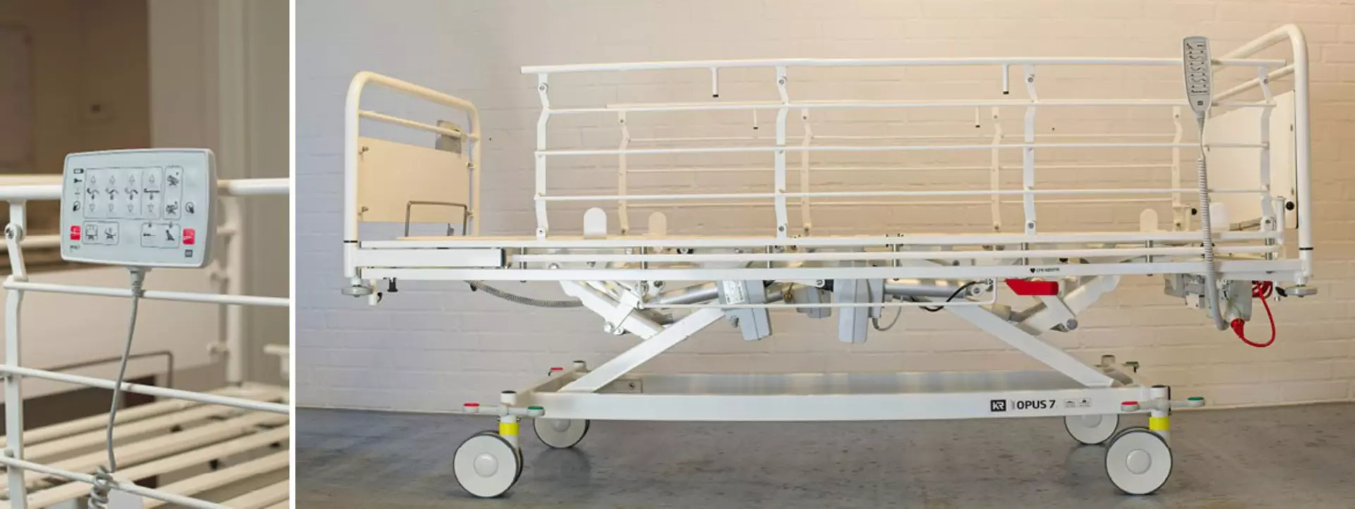 Detailed image of the OPUS 7 hospital bed and a hand control – signifying the 30-year co-operation between able nordic and LINAK. Washability is key.