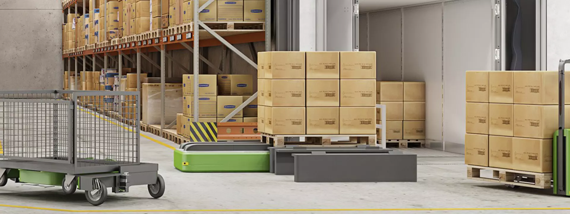 LINAK actuators in material handling applications such as autonomous mobile robots, tugger trains and pallet trucks.
