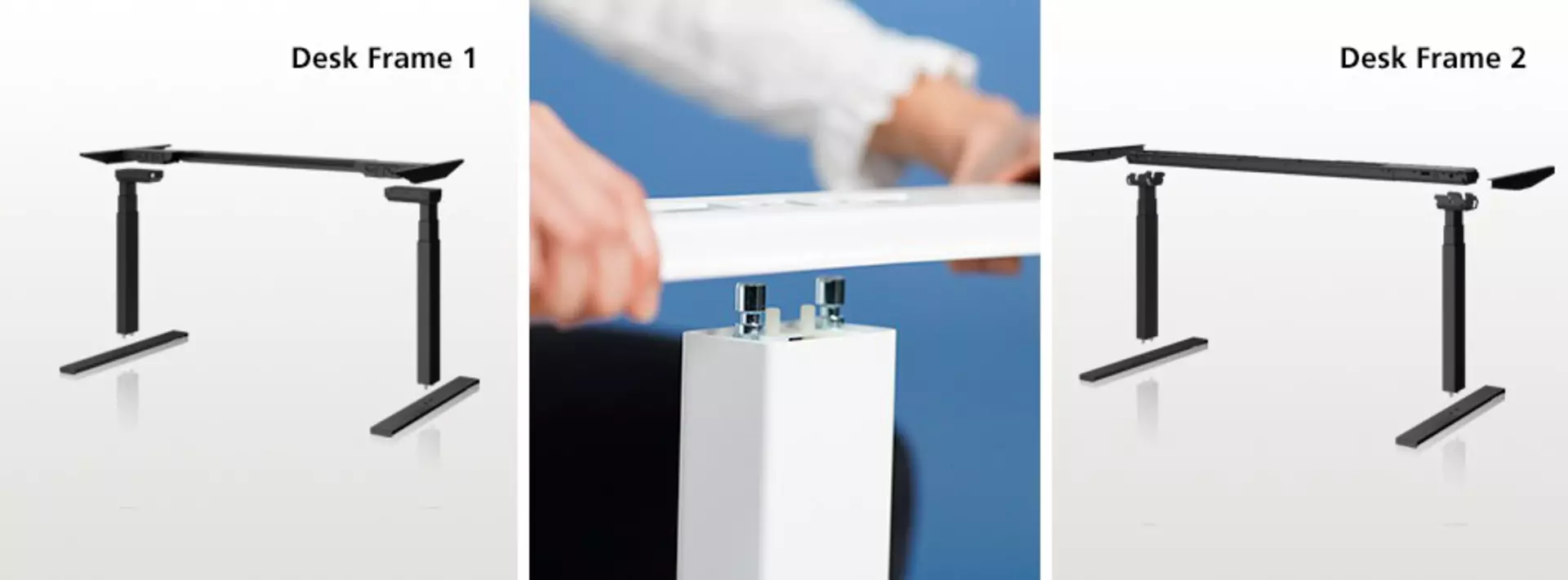 Click-on foot being attached to a desk leg. Compatible with Desk Frame 1 and Desk Frame 2 full-frame systems for electric adjustable office desk