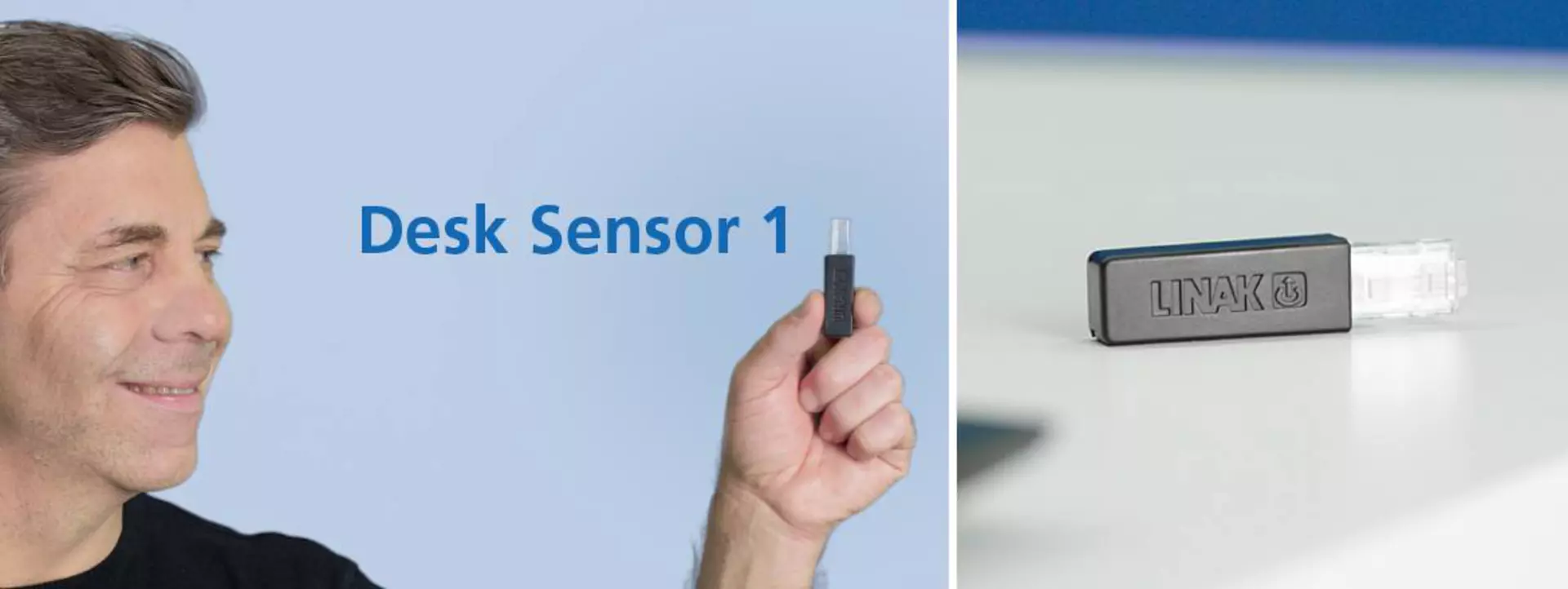 Man holds small Desk Sensor 1 Anti-Collision unit in his hand.